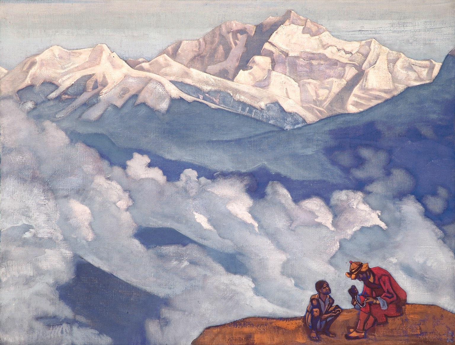 Two figures on a Himalayan ledge above the clouds, a teacher showing a seeker a pearl, with snow peaks lit behind them
